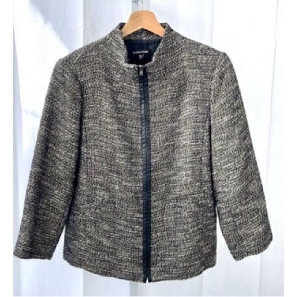 Eileen Fisher Size M Boucle Tweed Zip Up Blazer Jacket Black White Linen Blend